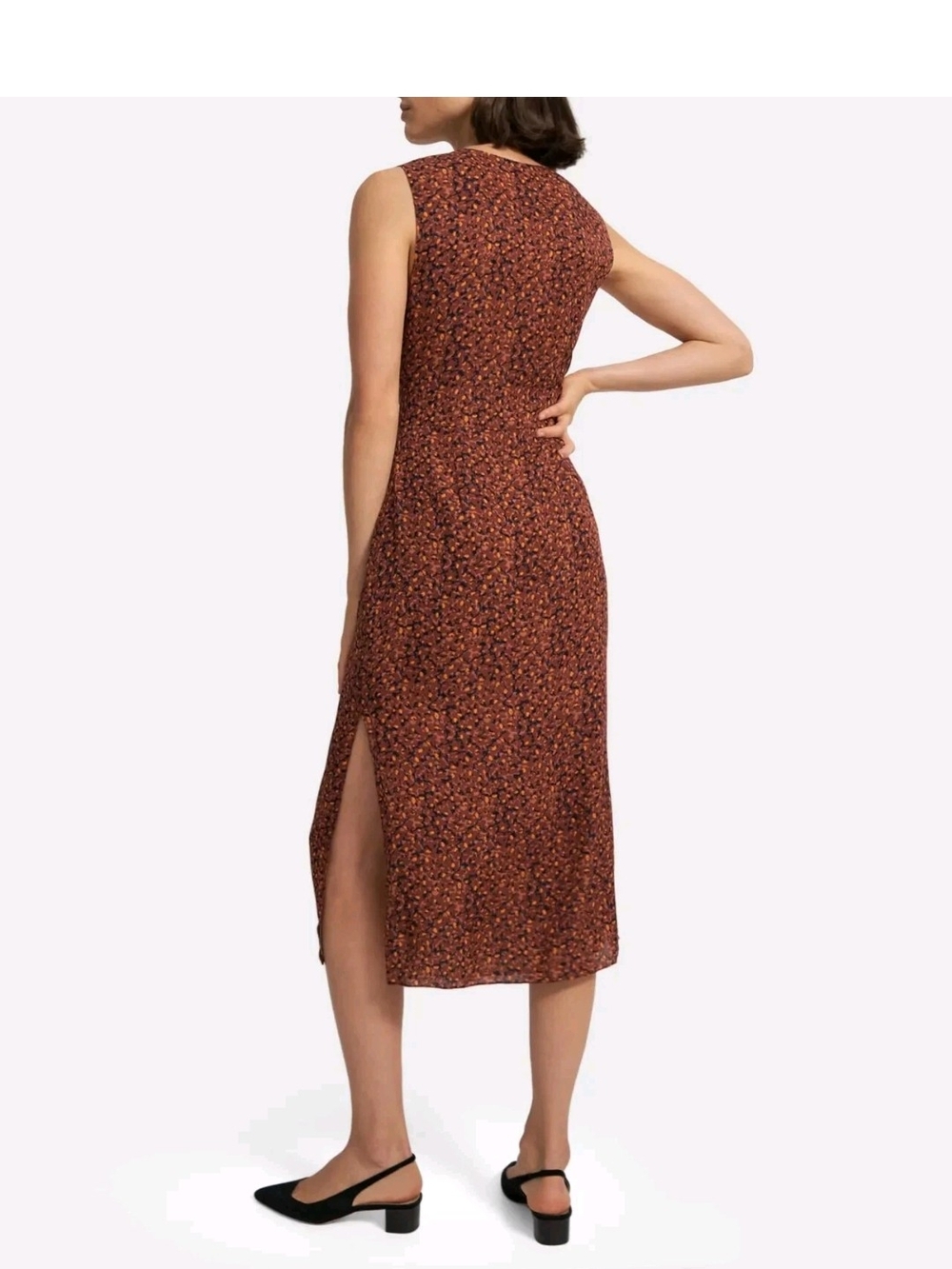 Theory Rust Floral V-Neck Midi Dress with Tie Waist - Picture 3 of 9